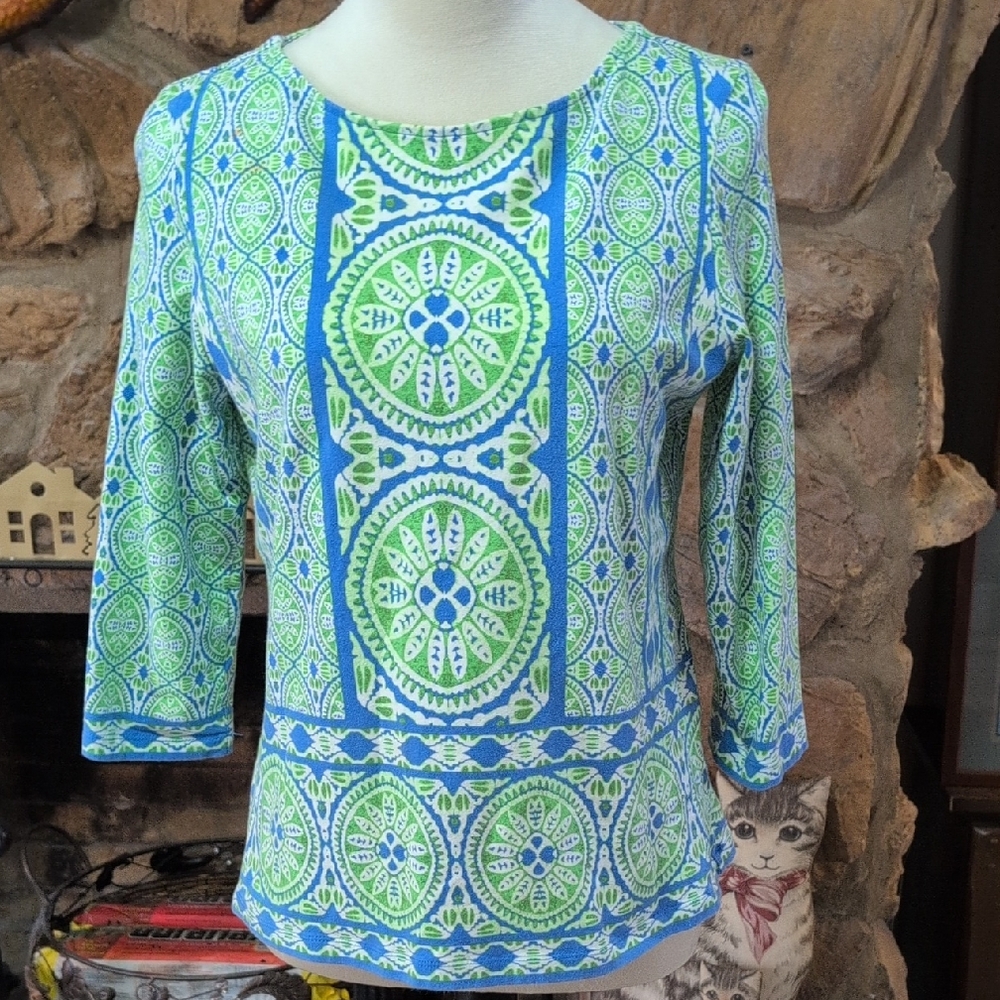 Ruby Rd. Vibrant Blue, White and Green Blouse PL